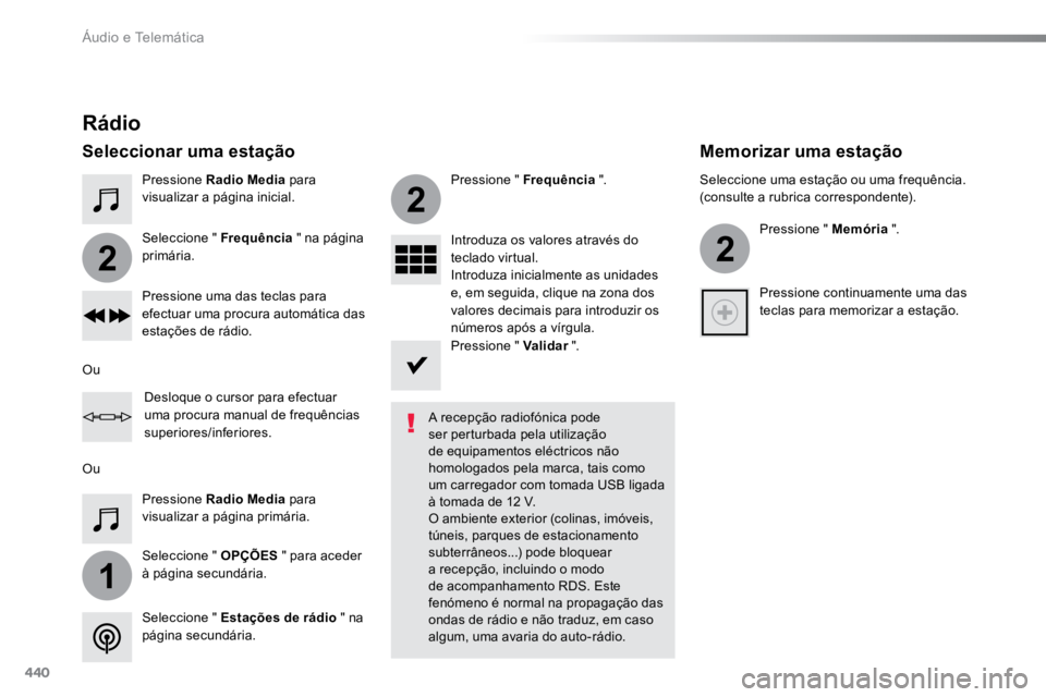 TOYOTA PROACE VERSO 2018 Manual de utilização (in Portuguese) 440
1
2
2
2
ProaceVerso_pt_Chap10c_RCC-1_ed01-2016
Pressione Radio Media para
visualizar a página inicial.
Seleccione " OPÇÕES " para aceder
à página secundária. Seleccione " Freq TOYOTA PROACE VERSO 2018 Manual de utilização (in Portuguese) 440
1
2
2
2
ProaceVerso_pt_Chap10c_RCC-1_ed01-2016
Pressione Radio Media para
visualizar a página inicial.
Seleccione " OPÇÕES " para aceder
à página secundária. Seleccione " Freq