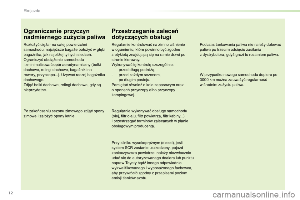 TOYOTA PROACE VERSO 2018  Instrukcja obsługi (in Polish) 12
ProaceVerso_pl_Chap00c_eco-conduite_ed01-2016
Ograniczanie przyczyn 
nadmiernego zużycia paliwa
Rozłożyć ciężar na całej powierzchni 
samochodu; najcięższe bagaże położyć w głębi 
ba