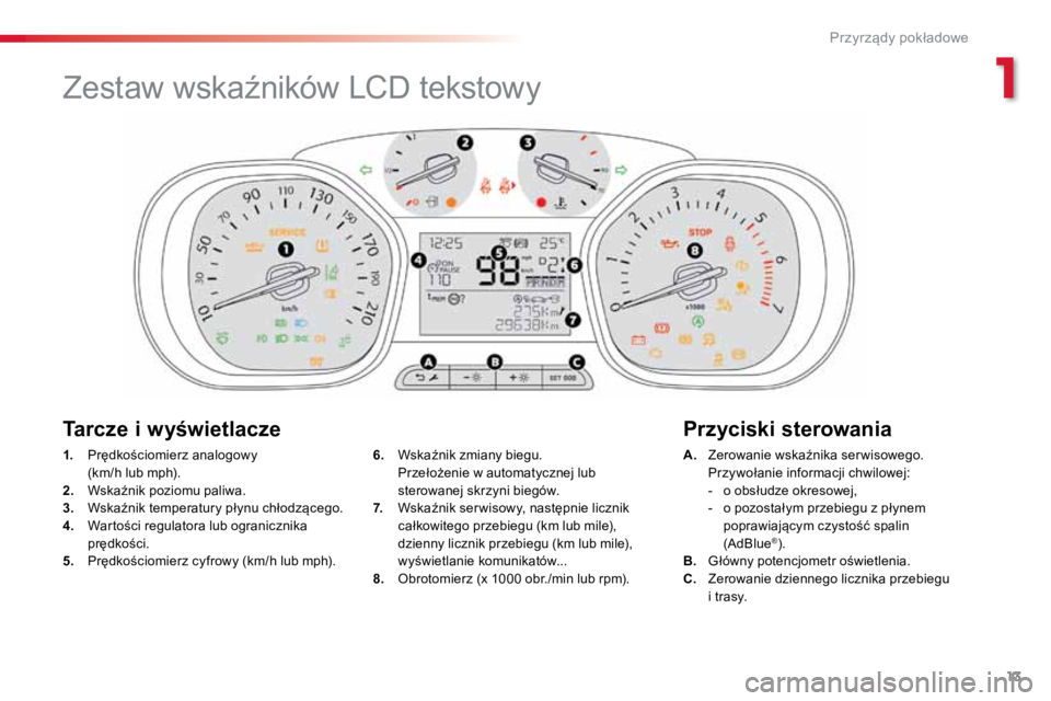 TOYOTA PROACE VERSO 2018  Instrukcja obsługi (in Polish) 13
ProaceVerso_pl_Chap01_instruments-de-bord_ed01-2016
1.	 Prędkościomierz	analogowy	 
(km/h	lub	mph).
2. 	 Wskaźnik	poziomu	paliwa.
3. 	 Wskaźnik	temperatury	płynu	chłodzącego.
4. 	 Wartości	