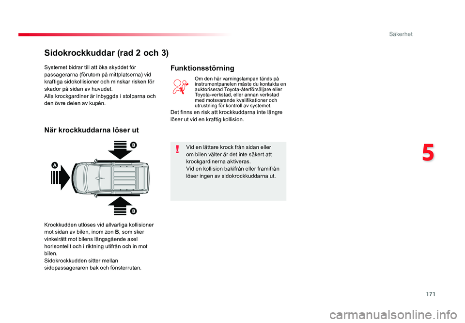 TOYOTA PROACE VERSO 2018 Bruksanvisningar (in Swedish) 171
5
Säkerhet
Spacetourer-VP_sv_Chap05_securite_ed01-2016
Systemet bidrar till att öka skyddet för
passagerarna (förutom på mittplatserna) vid
kraftiga sidokollisioner och minskar risken för TOYOTA PROACE VERSO 2018 Bruksanvisningar (in Swedish) 171
5
Säkerhet
Spacetourer-VP_sv_Chap05_securite_ed01-2016
Systemet bidrar till att öka skyddet för
passagerarna (förutom på mittplatserna) vid
kraftiga sidokollisioner och minskar risken för