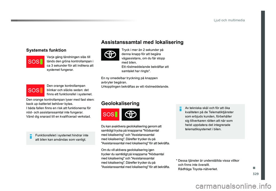 TOYOTA PROACE VERSO 2018 Bruksanvisningar (in Swedish) .
329
Ljud och multimedia
Spacetourer-VP_sv_Chap10a_BTA_ed01-2016
Assistanssamtal med lokalisering
Av tekniska skäl och för att öka
kvaliteten på de Telematiktjänster
som erbjuds kunden, förbe TOYOTA PROACE VERSO 2018 Bruksanvisningar (in Swedish) .
329
Ljud och multimedia
Spacetourer-VP_sv_Chap10a_BTA_ed01-2016
Assistanssamtal med lokalisering
Av tekniska skäl och för att öka
kvaliteten på de Telematiktjänster
som erbjuds kunden, förbe