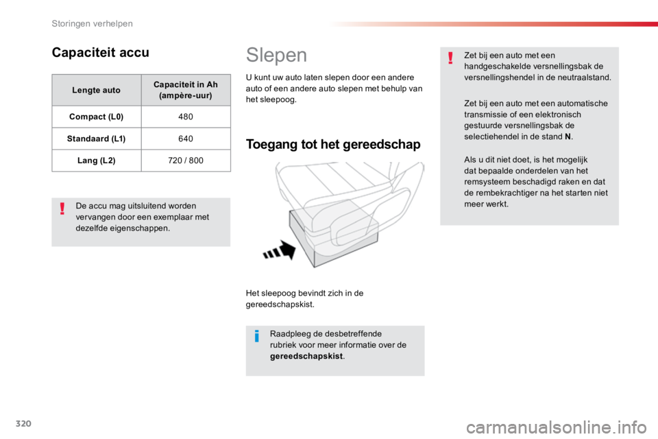 TOYOTA PROACE VERSO 2018  Instructieboekje (in Dutch) 320
ProaceVerso_nl_Chap08_En-cas-de-panne_ed01-2016
Capaciteit accu
Lengte autoCapaciteit in Ah 
(ampère-uur)
Compact (L0) 480
Standaard (L1) 640
Lang (L2) 720 / 800
De accu mag uitsluitend worden 
v