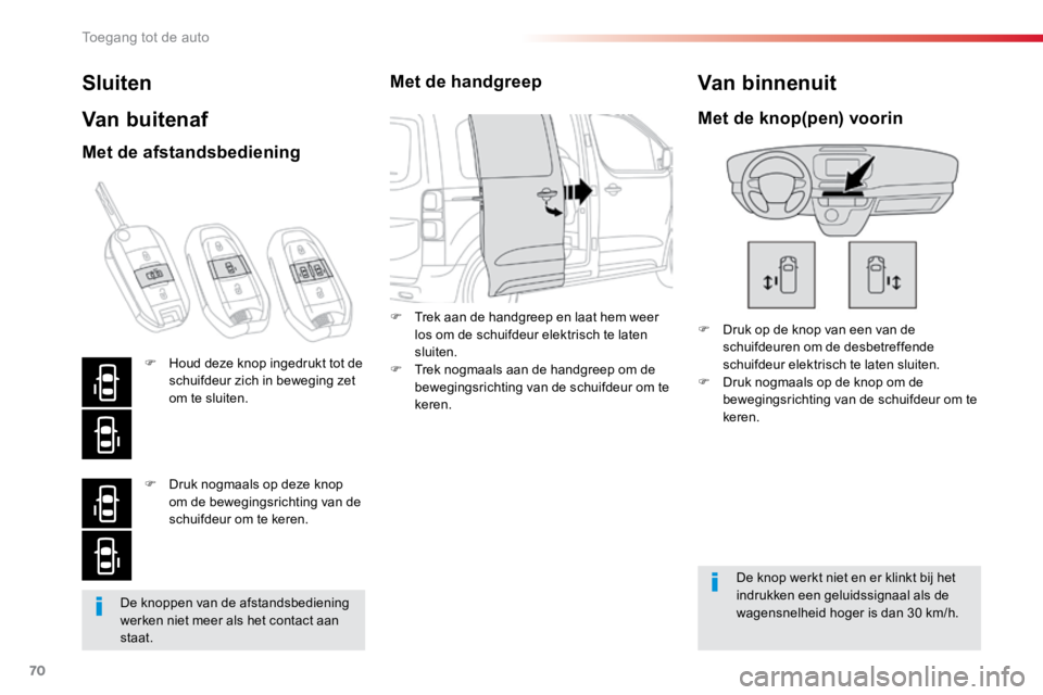 TOYOTA PROACE VERSO 2018 Instructieboekje (in Dutch) 70
ProaceVerso_nl_Chap02_ouvertures_ed01-2016
De knoppen van de afstandsbediening
werken niet meer als het contact aan
staat.
Sluiten
Van buitenaf
F Druk op de knop van een van de
schuifdeuren om d TOYOTA PROACE VERSO 2018 Instructieboekje (in Dutch) 70
ProaceVerso_nl_Chap02_ouvertures_ed01-2016
De knoppen van de afstandsbediening
werken niet meer als het contact aan
staat.
Sluiten
Van buitenaf
F Druk op de knop van een van de
schuifdeuren om d