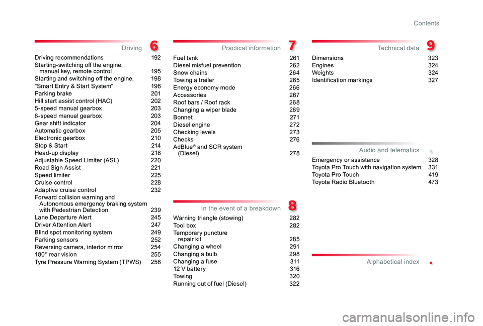 TOYOTA PROACE VERSO 2019  Owners Manual .
.
Driving recommendations 192Starting-switching off the engine,  manual key, remote control  195Starting and switching off the engine,  198"Smart Entry & Start System" 198Parking brake  201H