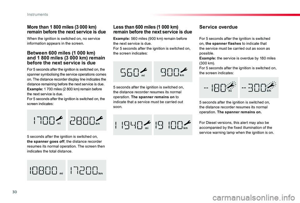 TOYOTA PROACE VERSO 2019  Owners Manual 30
Between 600 miles (1 000 km) and 1 800 miles (3 000 km) remain before the next service is due
For 5 seconds after the ignition is switched on, the spanner symbolising the ser vice operations comes 