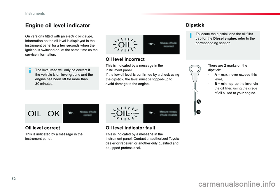 TOYOTA PROACE VERSO 2019 Owners Manual 32
Engine oil level indicator
On versions fitted with an electric oil gauge, information on the oil level is displayed in the instrument panel for a few seconds when the ignition is switched on, at th TOYOTA PROACE VERSO 2019 Owners Manual 32
Engine oil level indicator
On versions fitted with an electric oil gauge, information on the oil level is displayed in the instrument panel for a few seconds when the ignition is switched on, at th