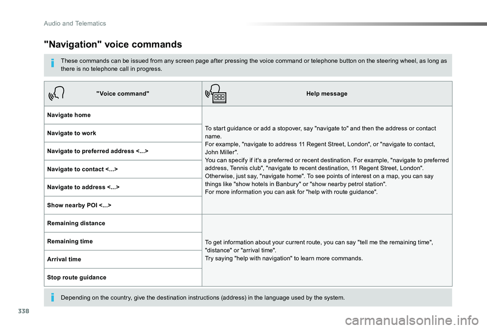 TOYOTA PROACE VERSO 2019  Owners Manual 338
"Navigation" voice commands
These commands can be issued from any screen page after pressing the voice command or telephone button on the steering wheel, as long as there is no telephone c