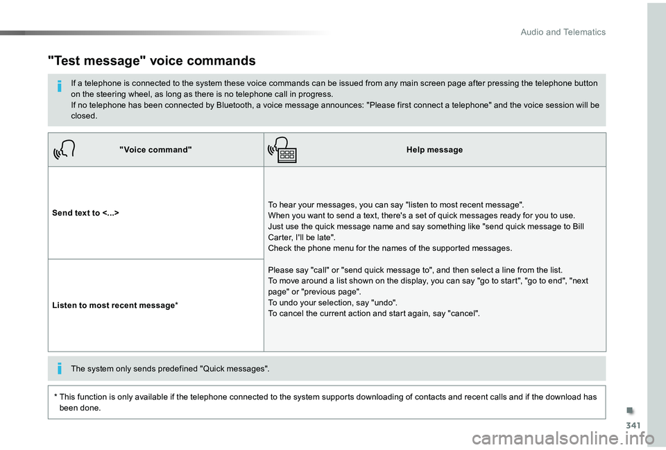 TOYOTA PROACE VERSO 2019  Owners Manual 341
"Voice command"Help message
Send text to <...>To hear your messages, you can say "listen to most recent message".  When you want to send a text, there's a set of quick messages
