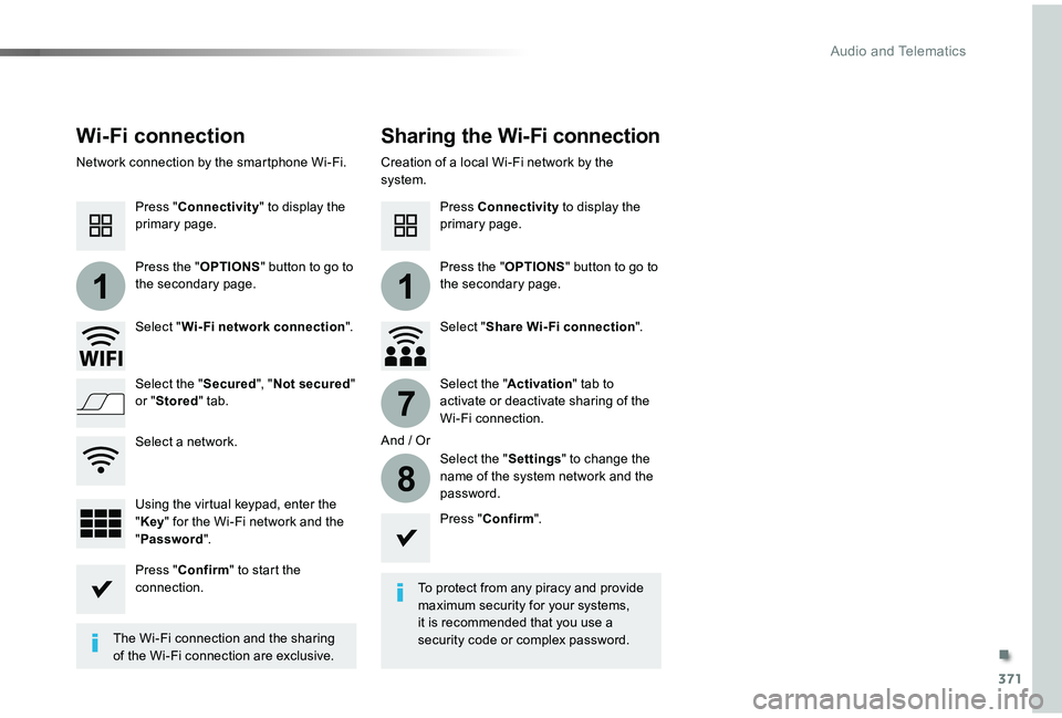 TOYOTA PROACE VERSO 2019 Owners Manual 371
11
7
8
Wi-Fi connectionSharing the Wi-Fi connection
To protect from any piracy and provide maximum security for your systems, it is recommended that you use a security code or complex password.The TOYOTA PROACE VERSO 2019 Owners Manual 371
11
7
8
Wi-Fi connectionSharing the Wi-Fi connection
To protect from any piracy and provide maximum security for your systems, it is recommended that you use a security code or complex password.The