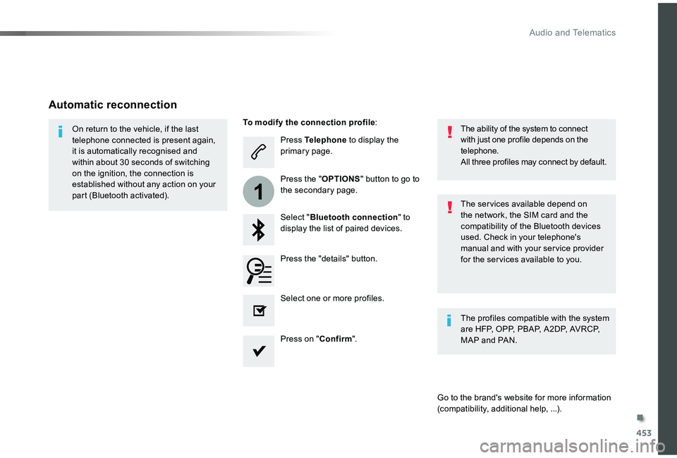 TOYOTA PROACE VERSO 2019 Owners Manual 453
1
Press Telephone to display the primary page.
Select "Bluetooth connection" to display the list of paired devices.
On return to the vehicle, if the last telephone connected is present aga TOYOTA PROACE VERSO 2019 Owners Manual 453
1
Press Telephone to display the primary page.
Select "Bluetooth connection" to display the list of paired devices.
On return to the vehicle, if the last telephone connected is present aga