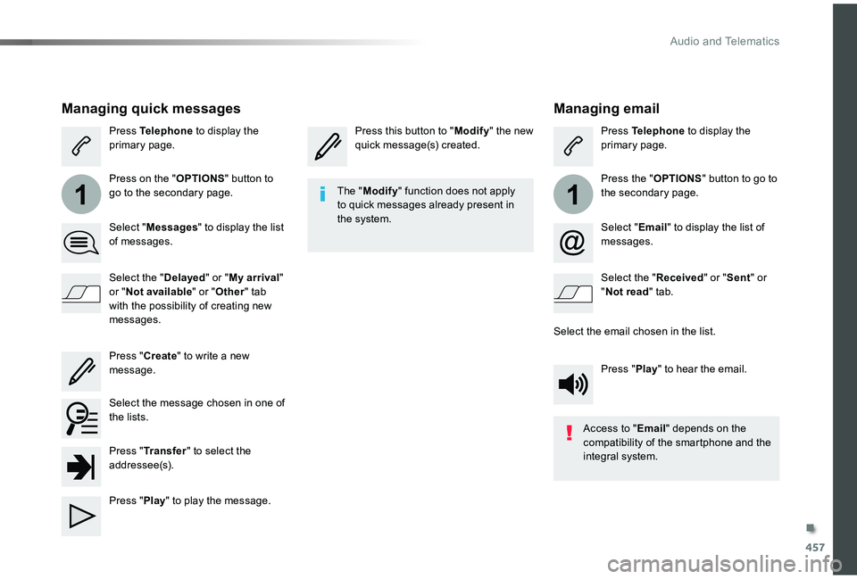 TOYOTA PROACE VERSO 2019 Owners Manual 457
11
Managing email
Press this button to "Modify" the new quick message(s) created.Press Telephone to display the primary page.
Press the "OPTIONS" button to go to the secondary page TOYOTA PROACE VERSO 2019 Owners Manual 457
11
Managing email
Press this button to "Modify" the new quick message(s) created.Press Telephone to display the primary page.
Press the "OPTIONS" button to go to the secondary page