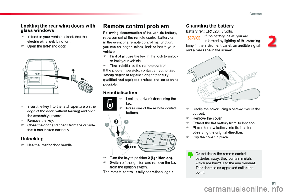 TOYOTA PROACE VERSO 2019 Owners Manual 51
Changing the battery
Do not throw the remote control batteries away, they contain metals which are harmful to the environment.Take them to an approved collection point.
If the battery is flat, you TOYOTA PROACE VERSO 2019 Owners Manual 51
Changing the battery
Do not throw the remote control batteries away, they contain metals which are harmful to the environment.Take them to an approved collection point.
If the battery is flat, you