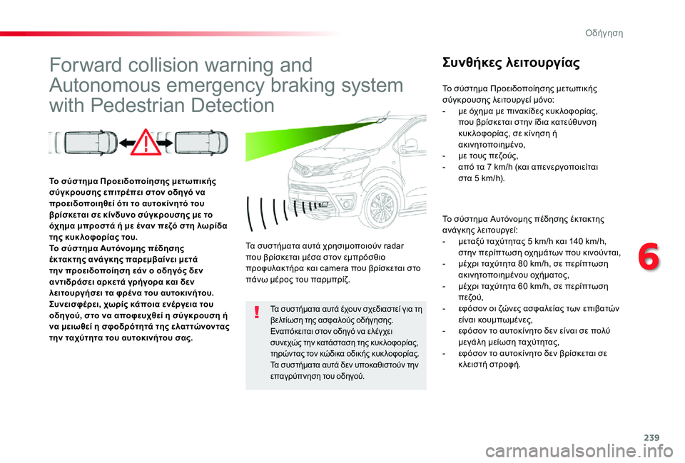 TOYOTA PROACE VERSO 2019  ΟΔΗΓΌΣ ΧΡΉΣΗΣ (in Greek) 239
Proace-Verso_el_Chap06_conduite_ed01-2019
Forward collision warning and 
Autonomous emergency braking system 
with Pedestrian Detection
Συνθήκες λειτουργίας
Το σύστημα 