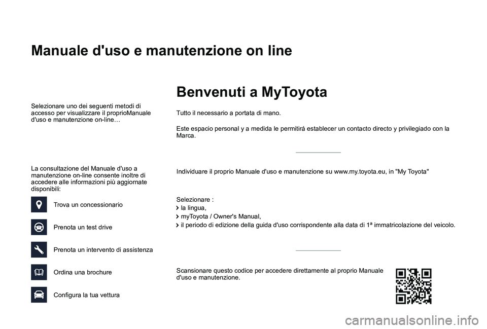 TOYOTA PROACE VERSO 2019 Manuale duso (in Italian) Manuale d'uso e manutenzione on line
Individuare il proprio Manuale d'uso e manutenzione su www.my.toyota.eu, in "My Toyota"
Tutto il necessario a portata di mano.
Selezionare :
Selezi TOYOTA PROACE VERSO 2019 Manuale duso (in Italian) Manuale d'uso e manutenzione on line
Individuare il proprio Manuale d'uso e manutenzione su www.my.toyota.eu, in "My Toyota"
Tutto il necessario a portata di mano.
Selezionare :
Selezi