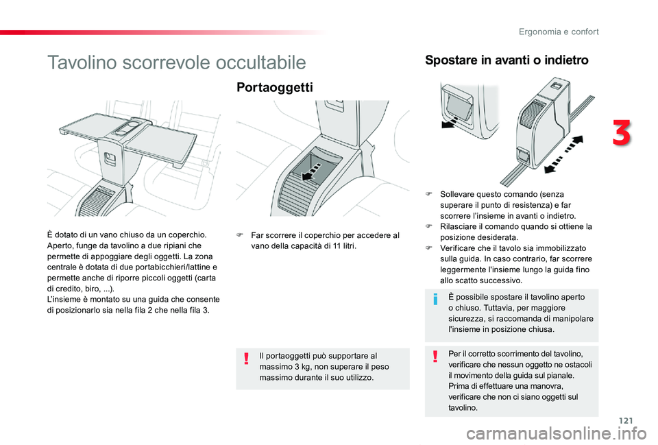 TOYOTA PROACE VERSO 2019  Manuale duso (in Italian) 121
Proace_Verso_IT_Chap03_ergonomie-et-confort_ed01-2019
Tavolino scorrevole occultabile
Portaoggetti
Per il corretto scorrimento del tavolino, verificare che nessun oggetto ne ostacoli il movimento 