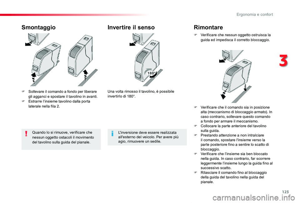 TOYOTA PROACE VERSO 2019  Manuale duso (in Italian) 123
Proace_Verso_IT_Chap03_ergonomie-et-confort_ed01-2019
F Sollevare il comando a fondo per liberare gli agganci e spostare il tavolino in avanti.F Estrarre l’insieme tavolino dalla porta laterale 