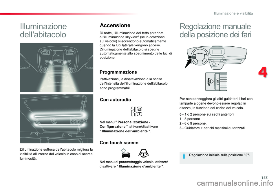 TOYOTA PROACE VERSO 2019 Manuale duso (in Italian) 153
Proace_Verso_IT_Chap04_eclairage-et-visibilite_ed01-2019
Nel menu di parametraggio veicolo, attivare/disattivare " Illuminazione d'ambiente ".
Con touch screen
Con autoradio
Nel menu & TOYOTA PROACE VERSO 2019 Manuale duso (in Italian) 153
Proace_Verso_IT_Chap04_eclairage-et-visibilite_ed01-2019
Nel menu di parametraggio veicolo, attivare/disattivare " Illuminazione d'ambiente ".
Con touch screen
Con autoradio
Nel menu &