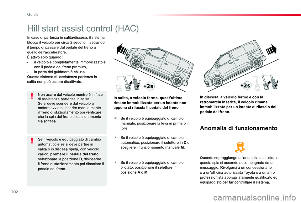 TOYOTA PROACE VERSO 2019  Manuale duso (in Italian) 202
Proace_Verso_IT_Chap06_conduite_ed01-2019
Hill start assist control (HAC)
In caso di partenza in salita/discesa, il sistema blocca il veicolo per circa 2 secondi, lasciando il tempo di passare dal