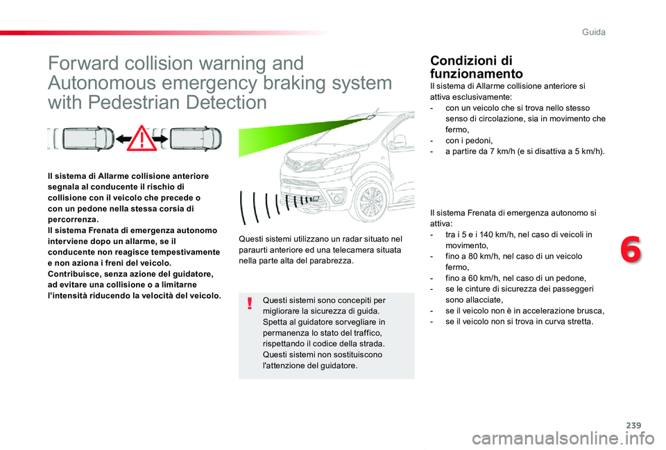 TOYOTA PROACE VERSO 2019 Manuale duso (in Italian) 239
Proace_Verso_IT_Chap06_conduite_ed01-2019
Forward collision warning and
Autonomous emergency braking system
with Pedestrian Detection
Condizioni di
funzionamento
Il sistema Frenata di emergenza TOYOTA PROACE VERSO 2019 Manuale duso (in Italian) 239
Proace_Verso_IT_Chap06_conduite_ed01-2019
Forward collision warning and
Autonomous emergency braking system
with Pedestrian Detection
Condizioni di
funzionamento
Il sistema Frenata di emergenza