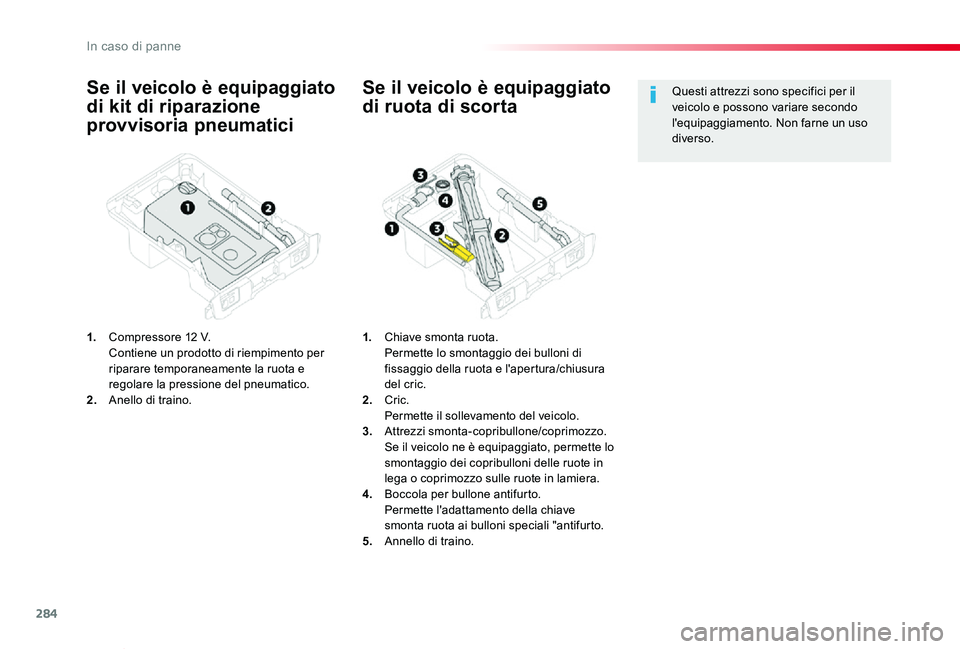 TOYOTA PROACE VERSO 2019  Manuale duso (in Italian) 284
Proace_Verso_IT_Chap08_En-cas-de-panne_ed01-2019
Se il veicolo è equipaggiato 
di kit di riparazione 
provvisoria pneumatici
1. Compressore 12  V. Contiene un prodotto di riempimento per riparare