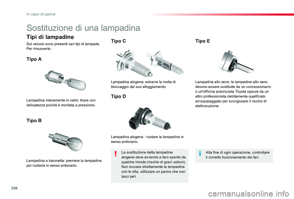 TOYOTA PROACE VERSO 2019 Manuale duso (in Italian) 298
Proace_Verso_IT_Chap08_En-cas-de-panne_ed01-2019
Sostituzione di una lampadina
Lampadina alogena : ruotare la lampadina in senso antiorario.
Tipo A
Lampadina a baionetta: premere la lampadina poi TOYOTA PROACE VERSO 2019 Manuale duso (in Italian) 298
Proace_Verso_IT_Chap08_En-cas-de-panne_ed01-2019
Sostituzione di una lampadina
Lampadina alogena : ruotare la lampadina in senso antiorario.
Tipo A
Lampadina a baionetta: premere la lampadina poi