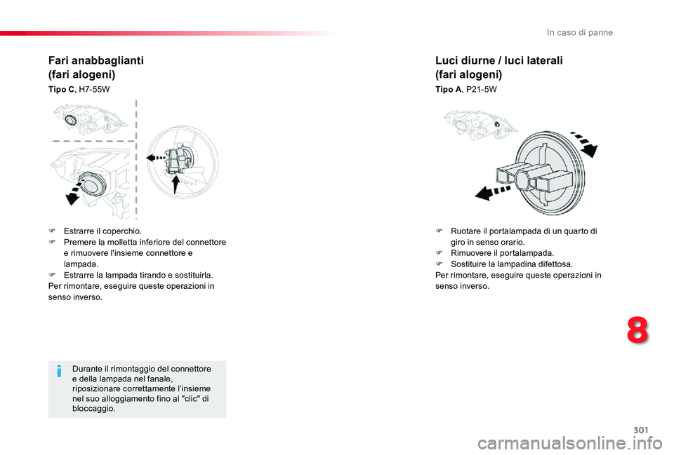 TOYOTA PROACE VERSO 2019 Manuale duso (in Italian) 301
Proace_Verso_IT_Chap08_En-cas-de-panne_ed01-2019
Durante il rimontaggio del connettore e della lampada nel fanale, riposizionare correttamente l’insieme nel suo alloggiamento fino al "clic TOYOTA PROACE VERSO 2019 Manuale duso (in Italian) 301
Proace_Verso_IT_Chap08_En-cas-de-panne_ed01-2019
Durante il rimontaggio del connettore e della lampada nel fanale, riposizionare correttamente l’insieme nel suo alloggiamento fino al "clic