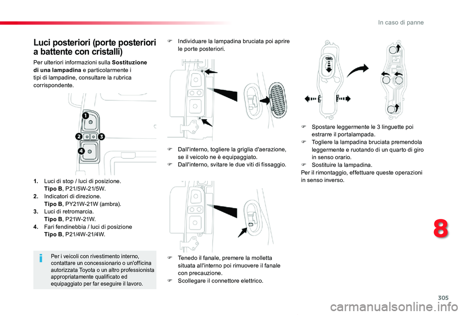 TOYOTA PROACE VERSO 2019 Manuale duso (in Italian) 305
Proace_Verso_IT_Chap08_En-cas-de-panne_ed01-2019
Luci posteriori (porte posteriori
a battente con cristalli)
Per ulteriori informazioni sulla Sostituzione di una lampadina e particolarmente i tip TOYOTA PROACE VERSO 2019 Manuale duso (in Italian) 305
Proace_Verso_IT_Chap08_En-cas-de-panne_ed01-2019
Luci posteriori (porte posteriori
a battente con cristalli)
Per ulteriori informazioni sulla Sostituzione di una lampadina e particolarmente i tip