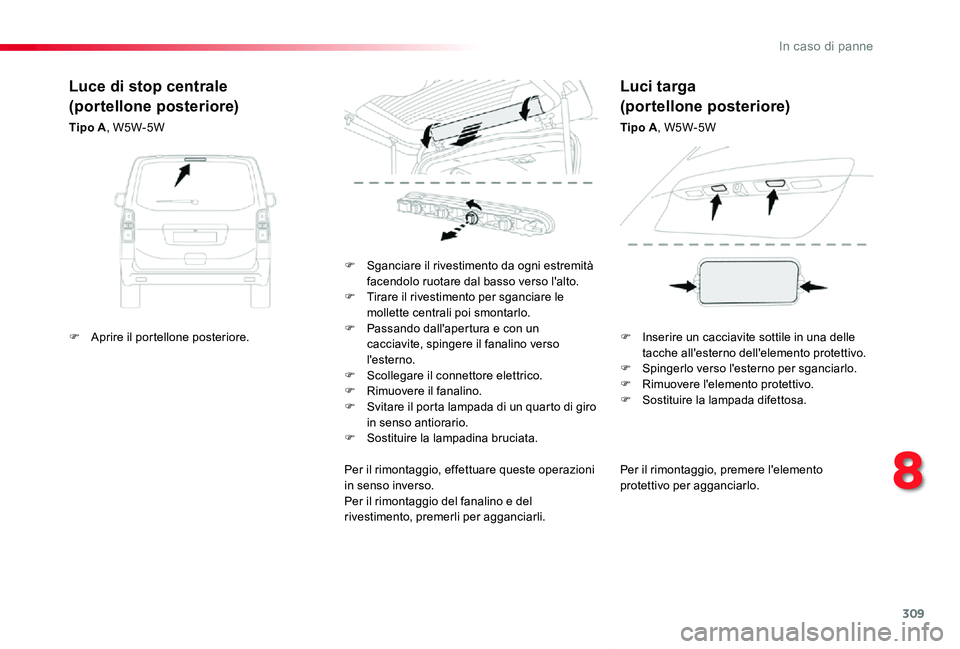 TOYOTA PROACE VERSO 2019 Manuale duso (in Italian) 309
Proace_Verso_IT_Chap08_En-cas-de-panne_ed01-2019
Per il rimontaggio, premere l'elemento protettivo per agganciarlo.
F Sganciare il rivestimento da ogni estremità facendolo ruotare dal basso v TOYOTA PROACE VERSO 2019 Manuale duso (in Italian) 309
Proace_Verso_IT_Chap08_En-cas-de-panne_ed01-2019
Per il rimontaggio, premere l'elemento protettivo per agganciarlo.
F Sganciare il rivestimento da ogni estremità facendolo ruotare dal basso v