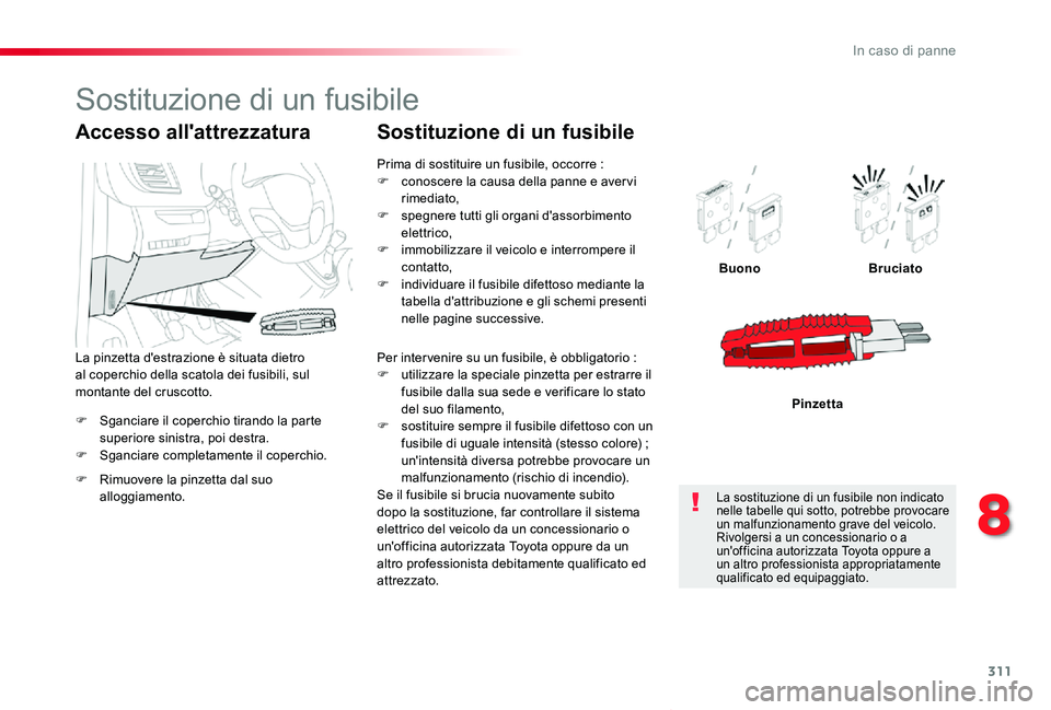 TOYOTA PROACE VERSO 2019 Manuale duso (in Italian) 311
Proace_Verso_IT_Chap08_En-cas-de-panne_ed01-2019
F Sganciare il coperchio tirando la parte superiore sinistra, poi destra.F Sganciare completamente il coperchio.
BuonoBruciato
Pinzetta
Accesso all TOYOTA PROACE VERSO 2019 Manuale duso (in Italian) 311
Proace_Verso_IT_Chap08_En-cas-de-panne_ed01-2019
F Sganciare il coperchio tirando la parte superiore sinistra, poi destra.F Sganciare completamente il coperchio.
BuonoBruciato
Pinzetta
Accesso all