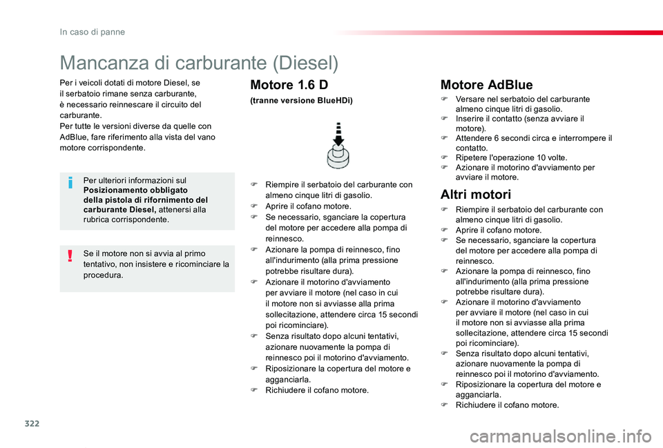 TOYOTA PROACE VERSO 2019 Manuale duso (in Italian) 322
Proace_Verso_IT_Chap08_En-cas-de-panne_ed01-2019
Per i veicoli dotati di motore Diesel, se il serbatoio rimane senza carburante, è necessario reinnescare il circuito del carburante.Per tutte le v TOYOTA PROACE VERSO 2019 Manuale duso (in Italian) 322
Proace_Verso_IT_Chap08_En-cas-de-panne_ed01-2019
Per i veicoli dotati di motore Diesel, se il serbatoio rimane senza carburante, è necessario reinnescare il circuito del carburante.Per tutte le v