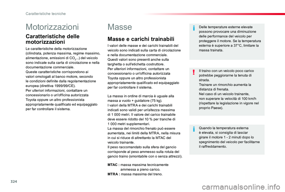 TOYOTA PROACE VERSO 2019 Manuale duso (in Italian) 324
Proace_Verso_IT_Chap09_caracteristiques-techniques_ed01-2019
Motorizzazioni
Caratteristiche delle
motorizzazioni
Le caratteristiche della motorizzazione (cilindrata, potenza massima, regime massi TOYOTA PROACE VERSO 2019 Manuale duso (in Italian) 324
Proace_Verso_IT_Chap09_caracteristiques-techniques_ed01-2019
Motorizzazioni
Caratteristiche delle
motorizzazioni
Le caratteristiche della motorizzazione (cilindrata, potenza massima, regime massi
