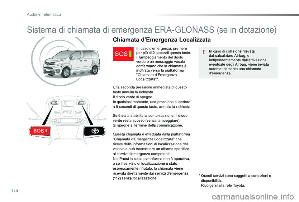 TOYOTA PROACE VERSO 2019 Manuale duso (in Italian) 328
Proace_Verso_IT_Chap10a_BTA_ed01-2019
Sistema di chiamata di emergenza ERA-GLONASS (se in dotazione)
In caso di collisione rilevata dal calcolatore Airbag, e indipendentemente dall'attivazione TOYOTA PROACE VERSO 2019 Manuale duso (in Italian) 328
Proace_Verso_IT_Chap10a_BTA_ed01-2019
Sistema di chiamata di emergenza ERA-GLONASS (se in dotazione)
In caso di collisione rilevata dal calcolatore Airbag, e indipendentemente dall'attivazione