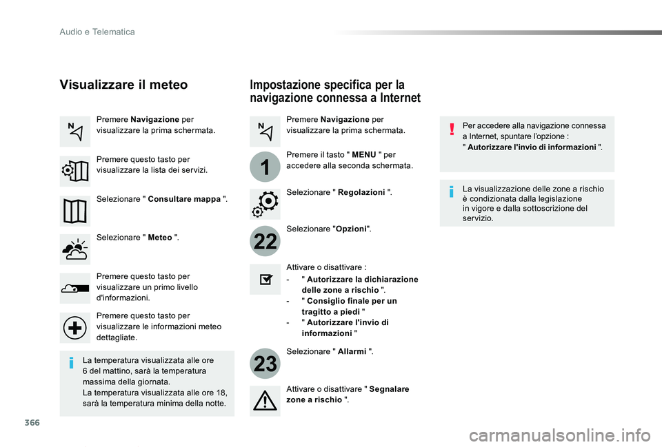 TOYOTA PROACE VERSO 2019  Manuale duso (in Italian) 366
22
23
1
Proace_Verso_IT_Chap10b_NAC-1_ed01-2019
Impostazione specifica per la 
navigazione connessa a Internet
Per accedere alla navigazione connessa a Internet, spuntare l’opzione :  " Auto