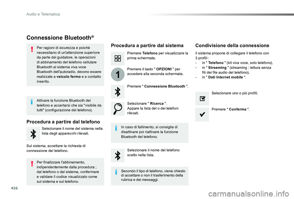 TOYOTA PROACE VERSO 2019  Manuale duso (in Italian) 426
1
Proace_Verso_IT_Chap10c_RCC-1_ed01-2019
Connessione Bluetooth®
Procedura a partire dal sistemaCondivisione della connessione
Premere Telefono per visualizzare la prima schermata.
Premere " 