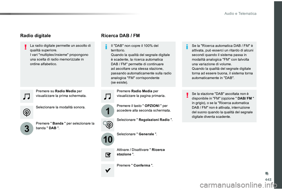 TOYOTA PROACE VERSO 2019  Manuale duso (in Italian) 443
1
10
3
Proace_Verso_IT_Chap10c_RCC-1_ed01-2019
Selezionare la modalità sonora.
Premere su Radio Media per visualizzare la prima schermata.
Premere " Banda " per selezionare la banda "