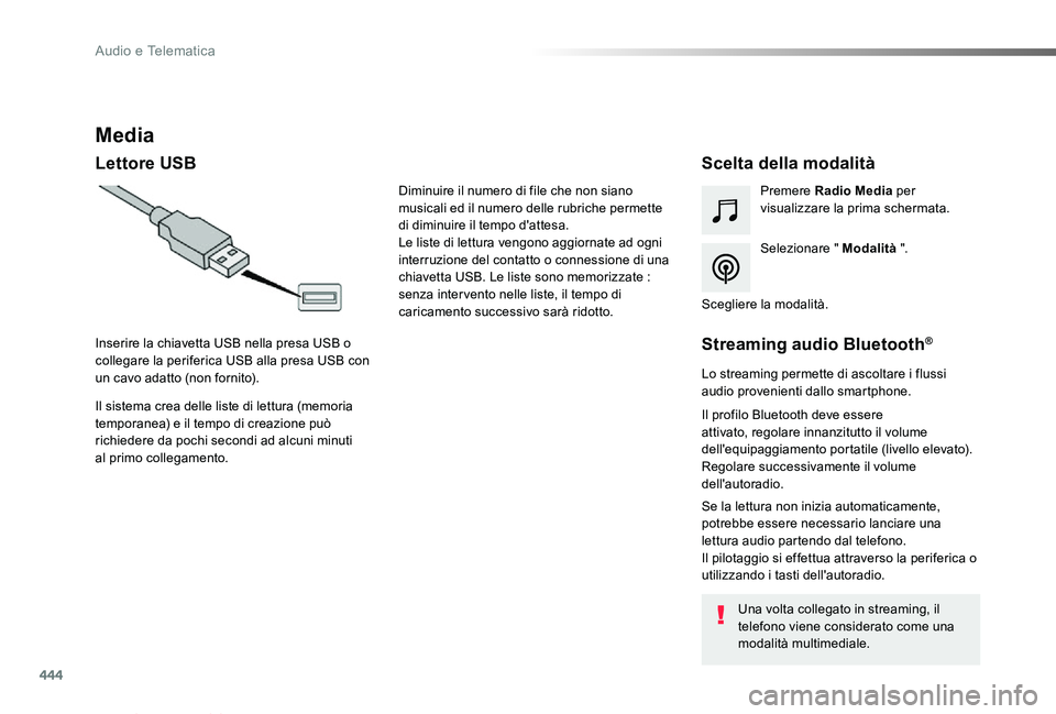 TOYOTA PROACE VERSO 2019  Manuale duso (in Italian) 444
Proace_Verso_IT_Chap10c_RCC-1_ed01-2019
Media
Lettore USBScelta della modalità
Selezionare " Modalità ".
Premere Radio Media per visualizzare la prima schermata.
Il sistema crea delle li