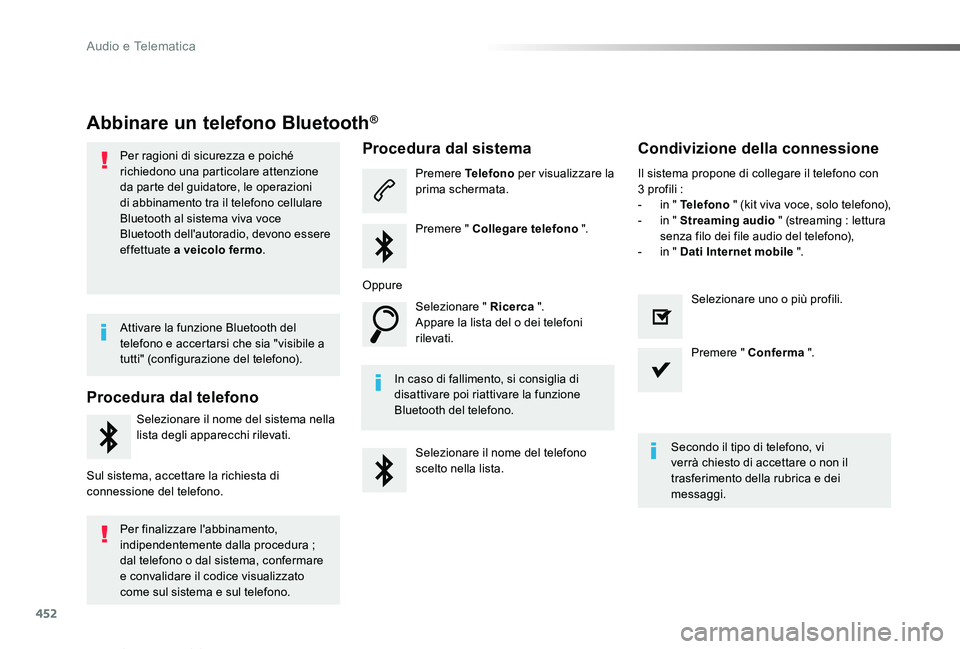 TOYOTA PROACE VERSO 2019  Manuale duso (in Italian) 452
Proace_Verso_IT_Chap10c_RCC-1_ed01-2019
Abbinare un telefono Bluetooth®
Per ragioni di sicurezza e poiché richiedono una particolare attenzione da parte del guidatore, le operazioni di abbinamen
