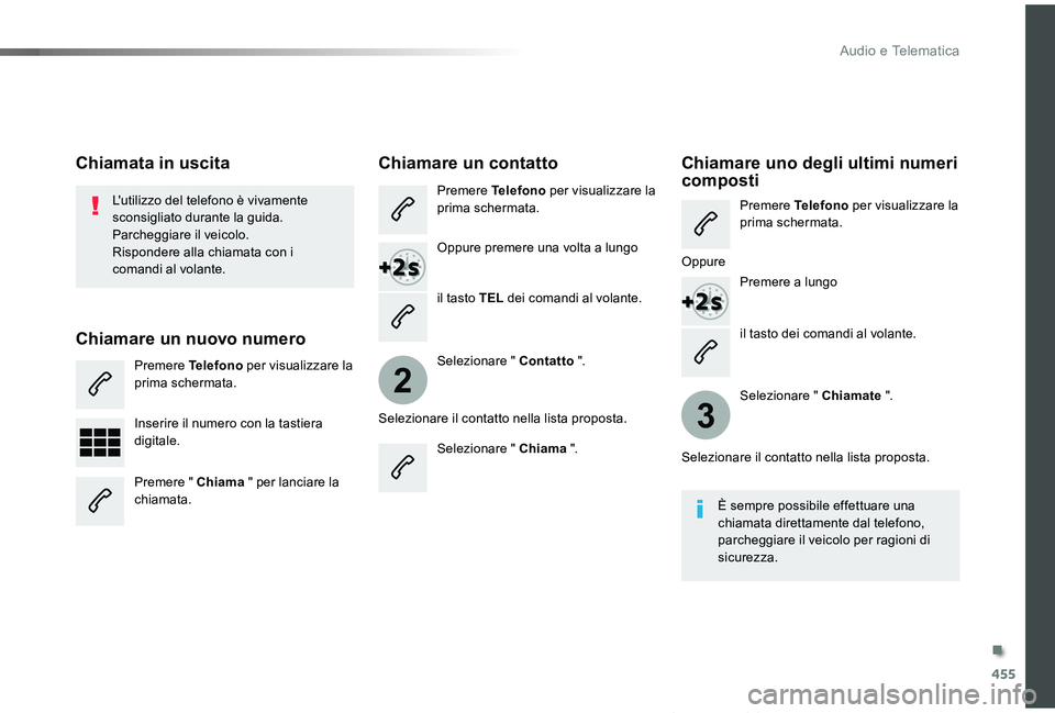 TOYOTA PROACE VERSO 2019  Manuale duso (in Italian) 455
2
3
Proace_Verso_IT_Chap10c_RCC-1_ed01-2019
il tasto dei comandi al volante.
L'utilizzo del telefono è vivamente sconsigliato durante la guida.Parcheggiare il veicolo.Rispondere alla chiamata