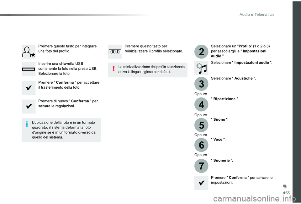 TOYOTA PROACE VERSO 2019  Manuale duso (in Italian) 465
3
2
4
5
6
7
Proace_Verso_IT_Chap10c_RCC-1_ed01-2019
Selezionare un "Profilo" (1 o 2 o 3) per associargli le " Impostazioni audio ".
Selezionare " Impostazioni audio ".
Sele