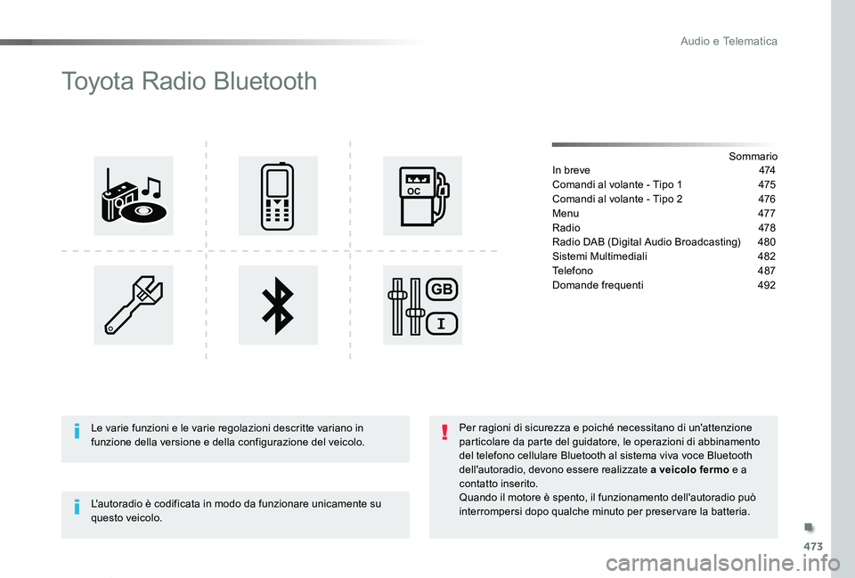 TOYOTA PROACE VERSO 2019  Manuale duso (in Italian) 473
Proace_Verso_IT_Chap10d_RD6_ed01-2019
Toyota Radio Bluetooth
SommarioIn breve 474
Comandi al volante - Tipo 1 475
Comandi al volante - Tipo 2 476
Menu 477
Radio   478
Radio DAB (Digital Audio Broa