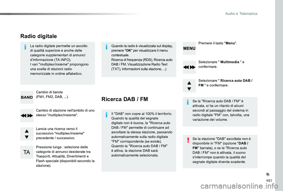 TOYOTA PROACE VERSO 2019  Manuale duso (in Italian) 481
Proace_Verso_IT_Chap10d_RD6_ed01-2019
Selezionare " Multimedia " e confermare.
Selezionare " Ricerca auto DAB / FM " e confermare.
Pressione lunga : selezione delle categorie di an
