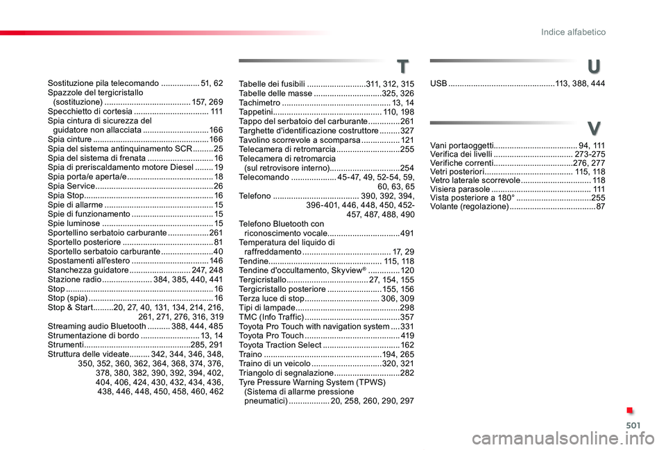 TOYOTA PROACE VERSO 2019  Manuale duso (in Italian) 501
Proace_Verso_IT_Chap11_index-alpha_ed01-2019
Sostituzione pila telecomando .................51, 62Spazzole del tergicristallo (sostituzione) ......................................157, 269Specchiet