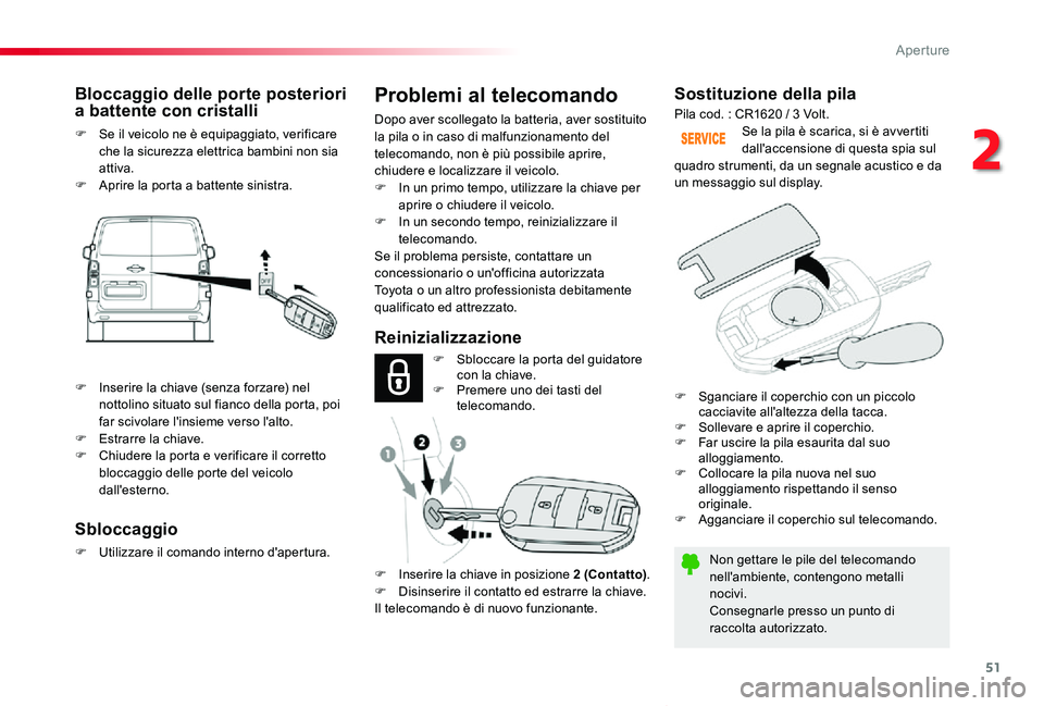 TOYOTA PROACE VERSO 2019 Manuale duso (in Italian) 51
Proace_Verso_IT_Chap02_ouvertures_ed01-2019
Sostituzione della pila
Non gettare le pile del telecomando nell'ambiente, contengono metalli nocivi.Consegnarle presso un punto di raccolta autorizz TOYOTA PROACE VERSO 2019 Manuale duso (in Italian) 51
Proace_Verso_IT_Chap02_ouvertures_ed01-2019
Sostituzione della pila
Non gettare le pile del telecomando nell'ambiente, contengono metalli nocivi.Consegnarle presso un punto di raccolta autorizz