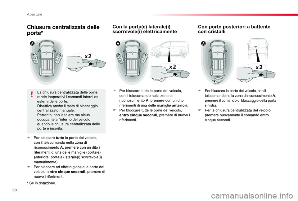 TOYOTA PROACE VERSO 2019 Manuale duso (in Italian) 58
Proace_Verso_IT_Chap02_ouvertures_ed01-2019
Chiusura centralizzata delle
por te*
La chiusura centralizzata delle porte rende inoperativi i comandi interni ed esterni delle porte.Disattiva anche il TOYOTA PROACE VERSO 2019 Manuale duso (in Italian) 58
Proace_Verso_IT_Chap02_ouvertures_ed01-2019
Chiusura centralizzata delle
por te*
La chiusura centralizzata delle porte rende inoperativi i comandi interni ed esterni delle porte.Disattiva anche il