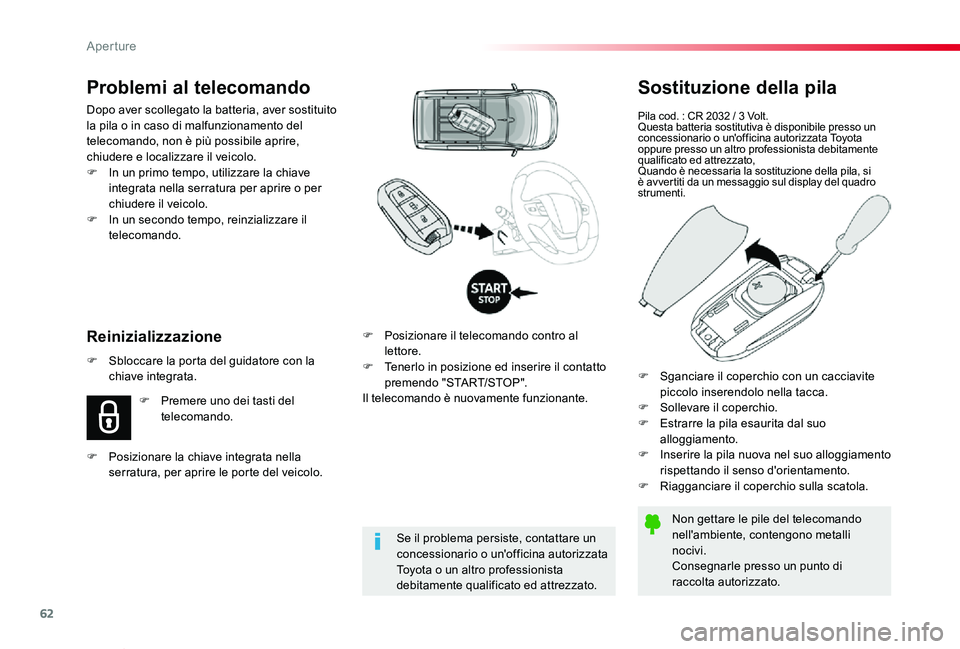 TOYOTA PROACE VERSO 2019 Manuale duso (in Italian) 62
Proace_Verso_IT_Chap02_ouvertures_ed01-2019
Sostituzione della pila
Pila cod. : CR 2032 / 3 Volt.Questa batteria sostitutiva è disponibile presso un concessionario o un'officina autorizzata To TOYOTA PROACE VERSO 2019 Manuale duso (in Italian) 62
Proace_Verso_IT_Chap02_ouvertures_ed01-2019
Sostituzione della pila
Pila cod. : CR 2032 / 3 Volt.Questa batteria sostitutiva è disponibile presso un concessionario o un'officina autorizzata To
