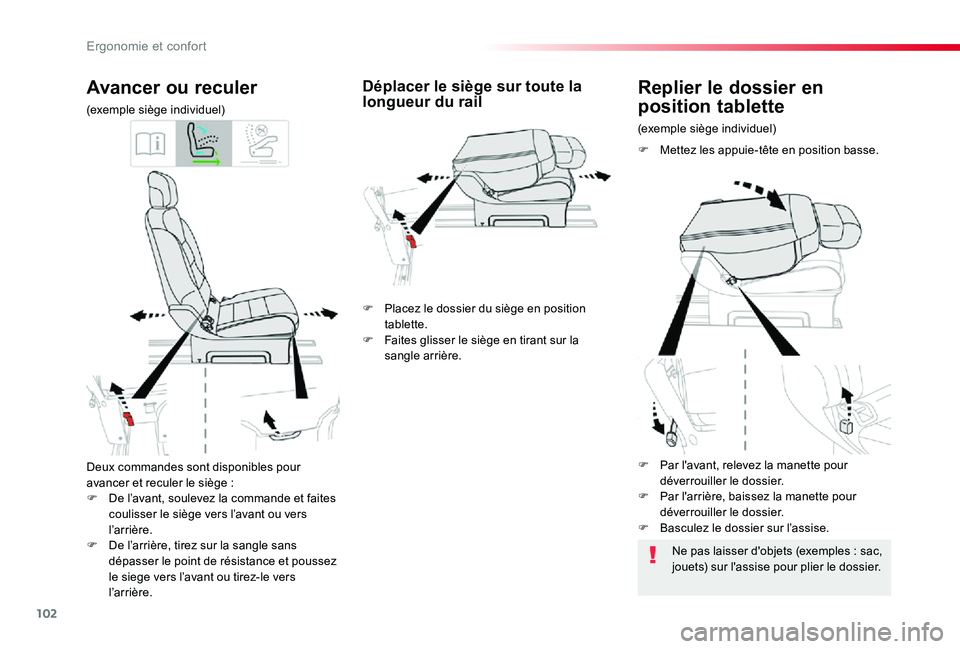 TOYOTA PROACE VERSO 2019  Notices Demploi (in French) 102
Deux commandes sont disponibles pour avancer et reculer le siège :F De l’avant, soulevez la commande et faites coulisser le siège vers l’avant ou vers l ’ar r i ère.F De l’arrière, tir