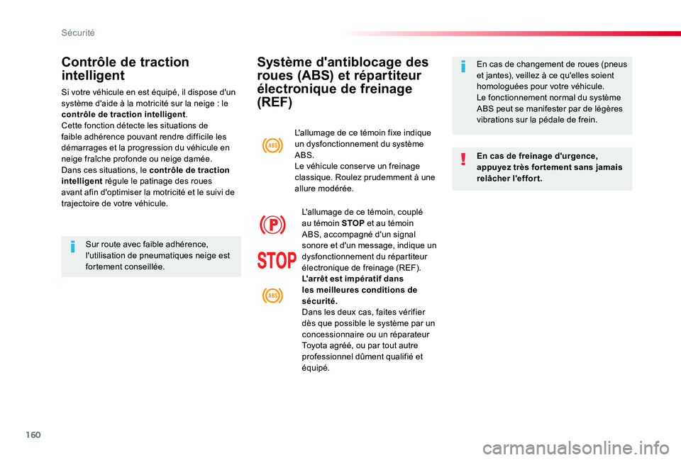 TOYOTA PROACE VERSO 2019 Notices Demploi (in French) 160
Système d'antiblocage des
roues (ABS) et répartiteur
électronique de freinage
(REF)
En cas de freinage d'urgence, appuyez très for tement sans jamais relâcher l'effort.
En cas TOYOTA PROACE VERSO 2019 Notices Demploi (in French) 160
Système d'antiblocage des
roues (ABS) et répartiteur
électronique de freinage
(REF)
En cas de freinage d'urgence, appuyez très for tement sans jamais relâcher l'effort.
En cas