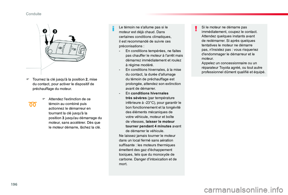 TOYOTA PROACE VERSO 2019 Notices Demploi (in French) 196
F Tournez la clé jusqu'à la position 2, mise du contact, pour activer le dispositif de préchauffage du moteur.
F Attendez l'extinction de ce témoin au combiné puis actionnez le démar TOYOTA PROACE VERSO 2019 Notices Demploi (in French) 196
F Tournez la clé jusqu'à la position 2, mise du contact, pour activer le dispositif de préchauffage du moteur.
F Attendez l'extinction de ce témoin au combiné puis actionnez le démar