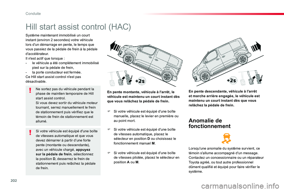 TOYOTA PROACE VERSO 2019 Notices Demploi (in French) 202
Hill start assist control (HAC)
Système maintenant immobilisé un court instant (environ 2 secondes) votre véhicule lors d'un démarrage en pente, le temps que vous passiez de la pédale de TOYOTA PROACE VERSO 2019 Notices Demploi (in French) 202
Hill start assist control (HAC)
Système maintenant immobilisé un court instant (environ 2 secondes) votre véhicule lors d'un démarrage en pente, le temps que vous passiez de la pédale de