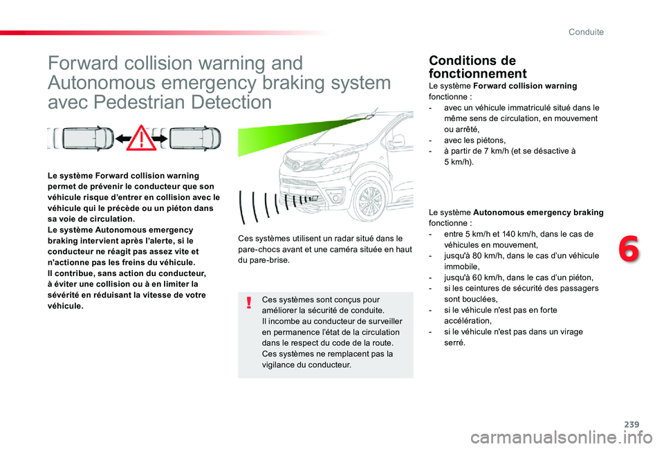 TOYOTA PROACE VERSO 2019 Notices Demploi (in French) 239
Forward collision warning and
Autonomous emergency braking system
avec Pedestrian Detection
Conditions de
fonctionnement
Le système Autonomous emergency braking fonctionne :- entre 5 km/h et 1 TOYOTA PROACE VERSO 2019 Notices Demploi (in French) 239
Forward collision warning and
Autonomous emergency braking system
avec Pedestrian Detection
Conditions de
fonctionnement
Le système Autonomous emergency braking fonctionne :- entre 5 km/h et 1
